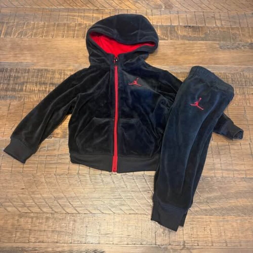 Jordan Velvet 2 piece track suit black red 18 months